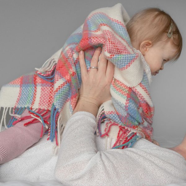BB14 - Merino Cashmere Baby Blanket White Pink Blue Border Check 4 BB14 - Merino Cashmere Baby Blanket White Pink Blue Border Check 4