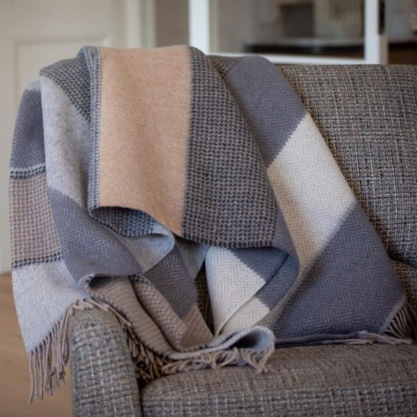Merino Wool Cashmere Throw Grey Stone Beige Stripe 1490-2 - John Hanly & Co Merino Wool Cashmere Throw Grey Stone Beige Stripe
