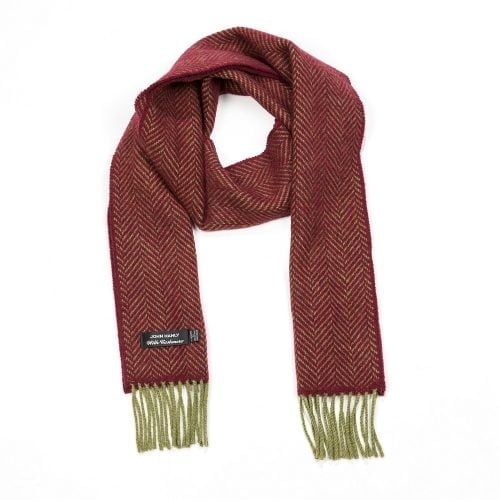 Irish Cashmere Merino Scarf Olive Maroon Herringbone - John Hanly & Co