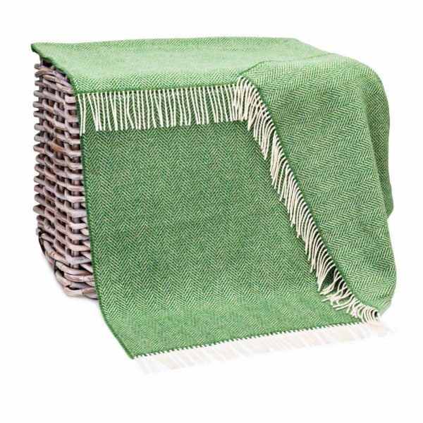 Merino Lambswool Cashmere Throw Green Herringbone 1491 - John Hanly & Co Merino Lambswool Cashmere Throw Green Herringbone