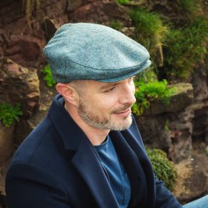 Irish Tweed Cap Mid Blue Green Herringbone - TC-H74
