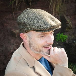Irish Tweed Cap Beige Green Herringbone - TC-J5