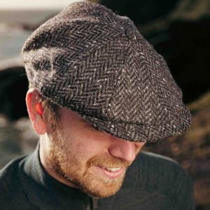Eight Piece Newsboy Cap Charcoal Black Herringbone Donegal - 8 PC D20
