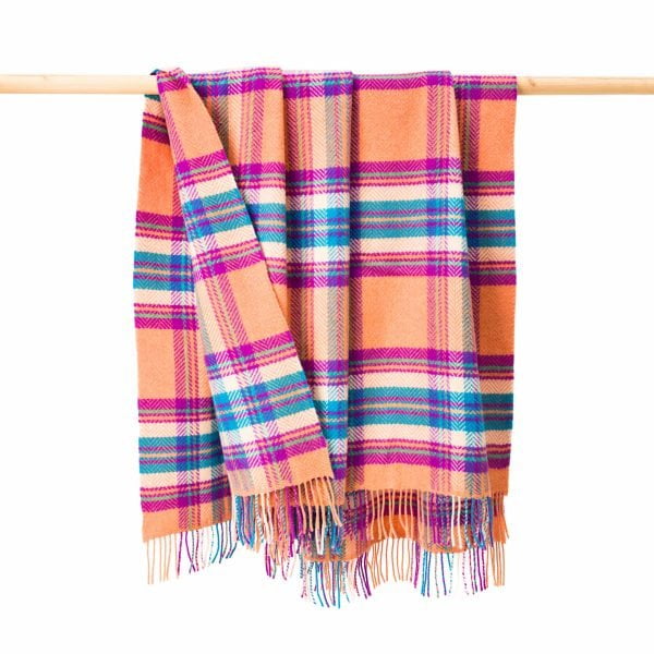 Merino Wool Cashmere Throw Orange Purple Blue Plaid