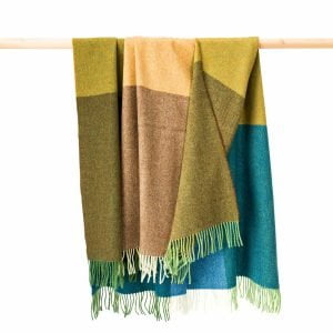 Lambswool Throw in Blue Green Mustard Tan Large Blocks