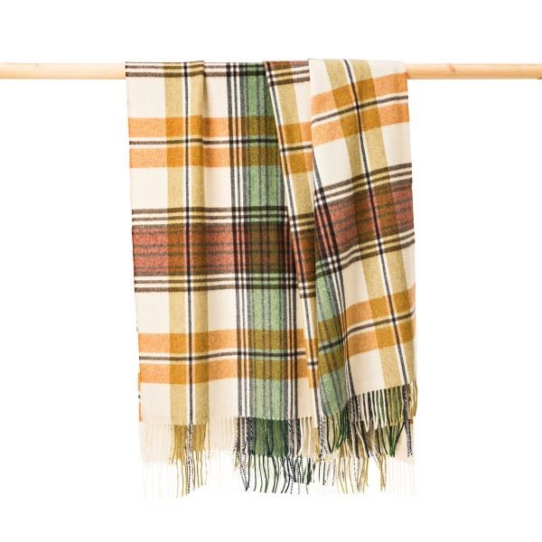 Lambswool Throw in Cream Rust Mustard Green Plaid