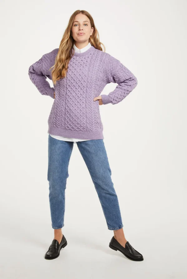 A823_InisheerTraditionalAranSweater_Ladies_Merino_Lilac_04_John Hanly & Co A823 Irish Merino Sweater