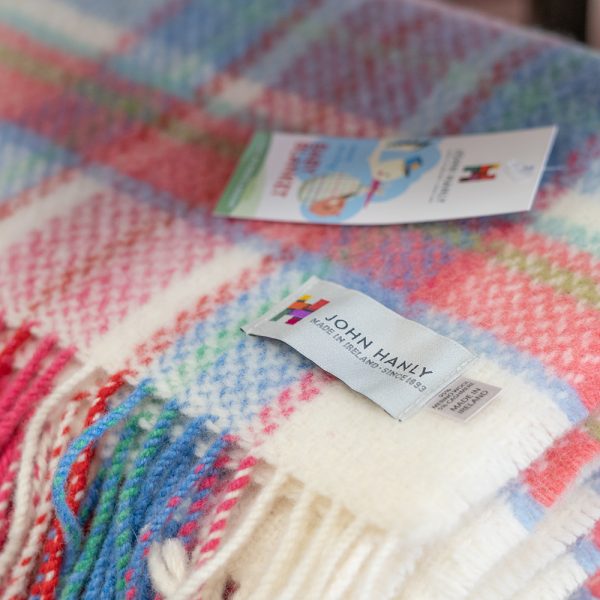 BB14 - Merino Cashmere Baby Blanket White Pink Blue Border Check 2 BB14 - Merino Cashmere Baby Blanket White Pink Blue Border Check 2