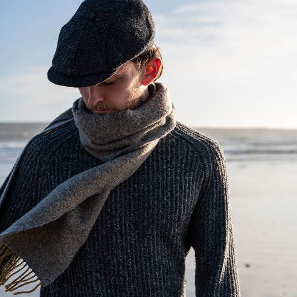 2432 - Cashmere Merino Scarf Grey & Mustard Herringbone 4