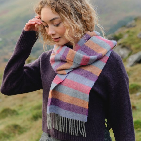 1904 - Irish Wool Scarf Long Purple Orange Pink Stripe Herringbone 3