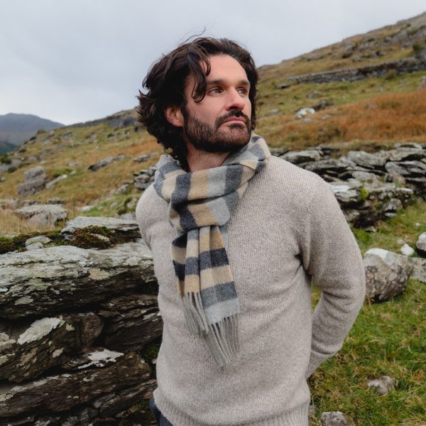 1905 - Irish Wool Scarf Long Grey Camel Silver Stripe Herringbone 4