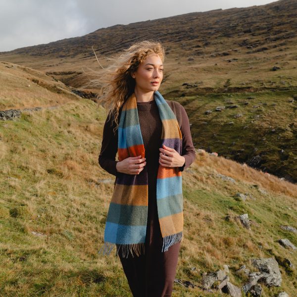 1920 - Irish Wool Scarf Long Mustard Green Blue Orange Blackberry Check 5