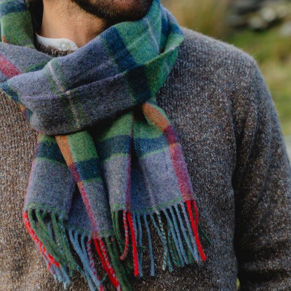 1932 - Irish Wool Scarf Long Purple Green Navy Check 3