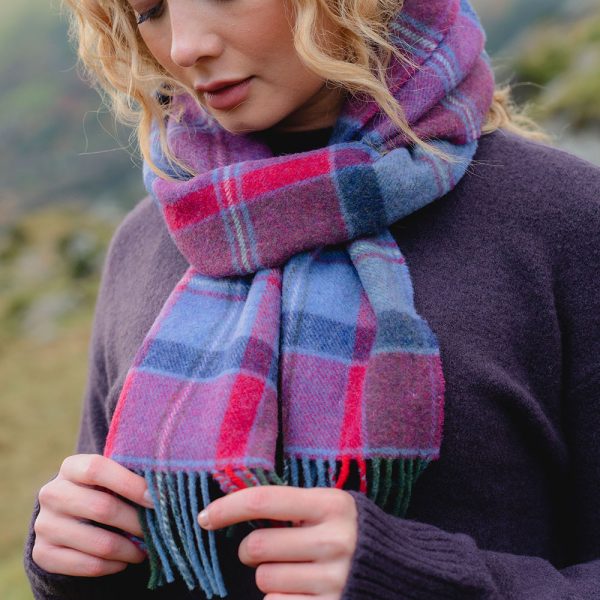 1940 - Irish Wool Scarf Long Raspberry Red Lavender Purple Check 3
