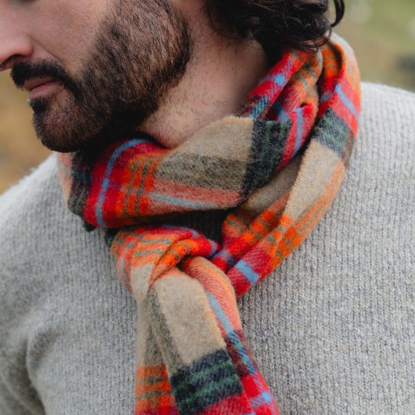 1964 - Irish Wool Scarf Long Beige Orange Red Charcoal Plaid 3