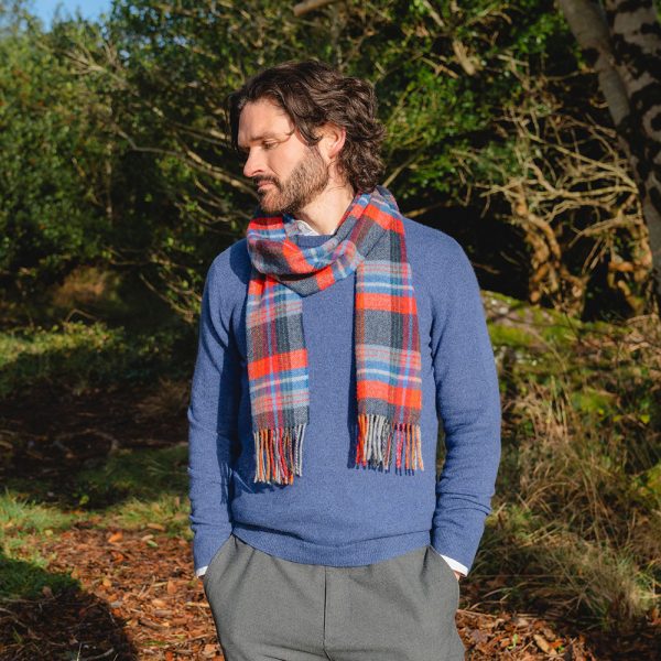 1968 - Irish Wool Scarf Long Navy Red Blue Wine Plaid 7