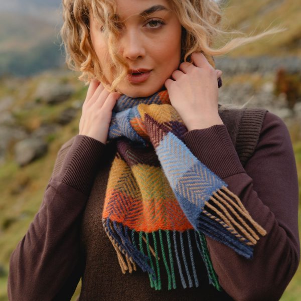 2405 - Merino Wool Cashmere Scarf Mustard Orange Blue Herringbone Block 4