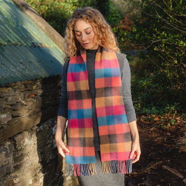 2407 - Merino Wool Cashmere Scarf Pink Coral Teal Herringbone Block 8