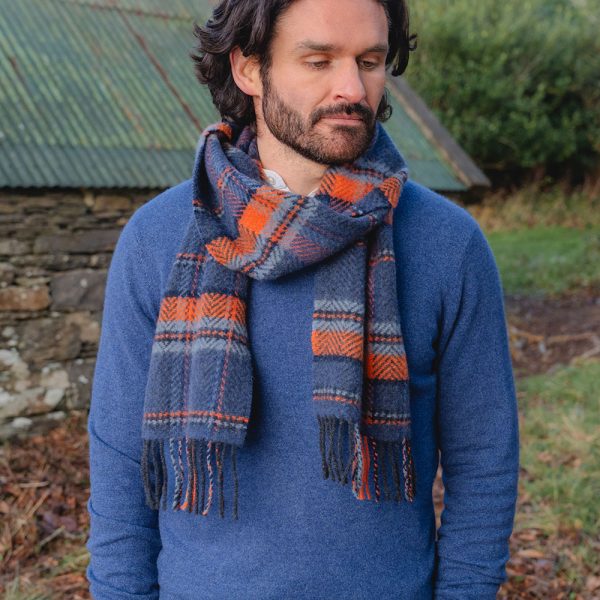 2408 - Merino Wool Cashmere Scarf Denim Orange Navy Check 4