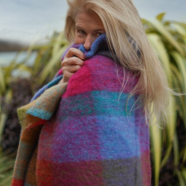 LM596 - Mohair Throw Bright Pink Mustard Purple & Aqua Block Check 14 LM596 - Mohair Throw Bright Pink Mustard Purple & Aqua Block Check 14