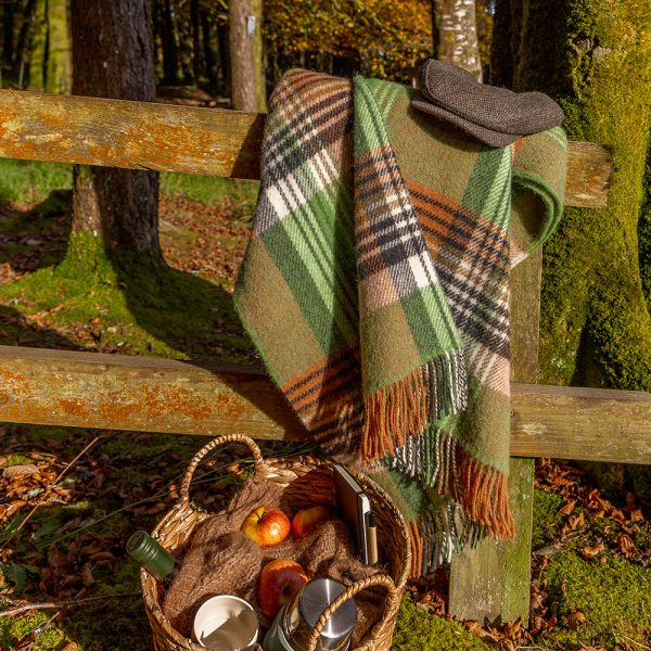 LW106 - Irish Picnic Blanket Green Orange Charcoal Cream Plaid 3