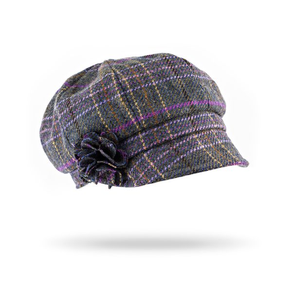 UNA E - Irish Ladies Tweed Hat Blue Green with Purple overchecks (with rosette) 1 UNA E - Irish Ladies Tweed Hat Blue Green with Purple overchecks (with rosette) 1