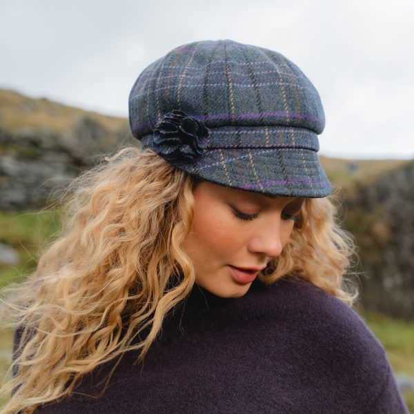 UNA E - Irish Ladies Tweed Hat Blue Green with Purple overchecks (with rosette) 3 UNA E - Irish Ladies Tweed Hat Blue Green with Purple overchecks (with rosette) 3