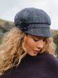 UNA E - Irish Ladies Tweed Hat Blue Green with Purple overchecks (with rosette) 3