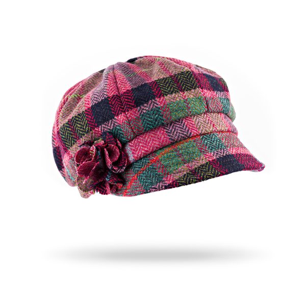 UNA G - Irish Ladies Tweed Hat Rose Pink & Navy Plaid (with rosette) 1 UNA G - Irish Ladies Tweed Hat Rose Pink & Navy Plaid (with rosette) 1